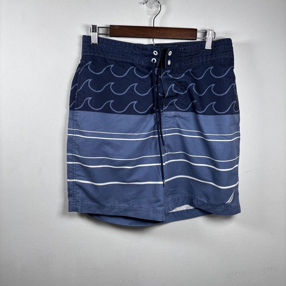 Nautica Mens Swim Trunks Size M Blue Striped Wave Print Mesh Lined Quick Dry